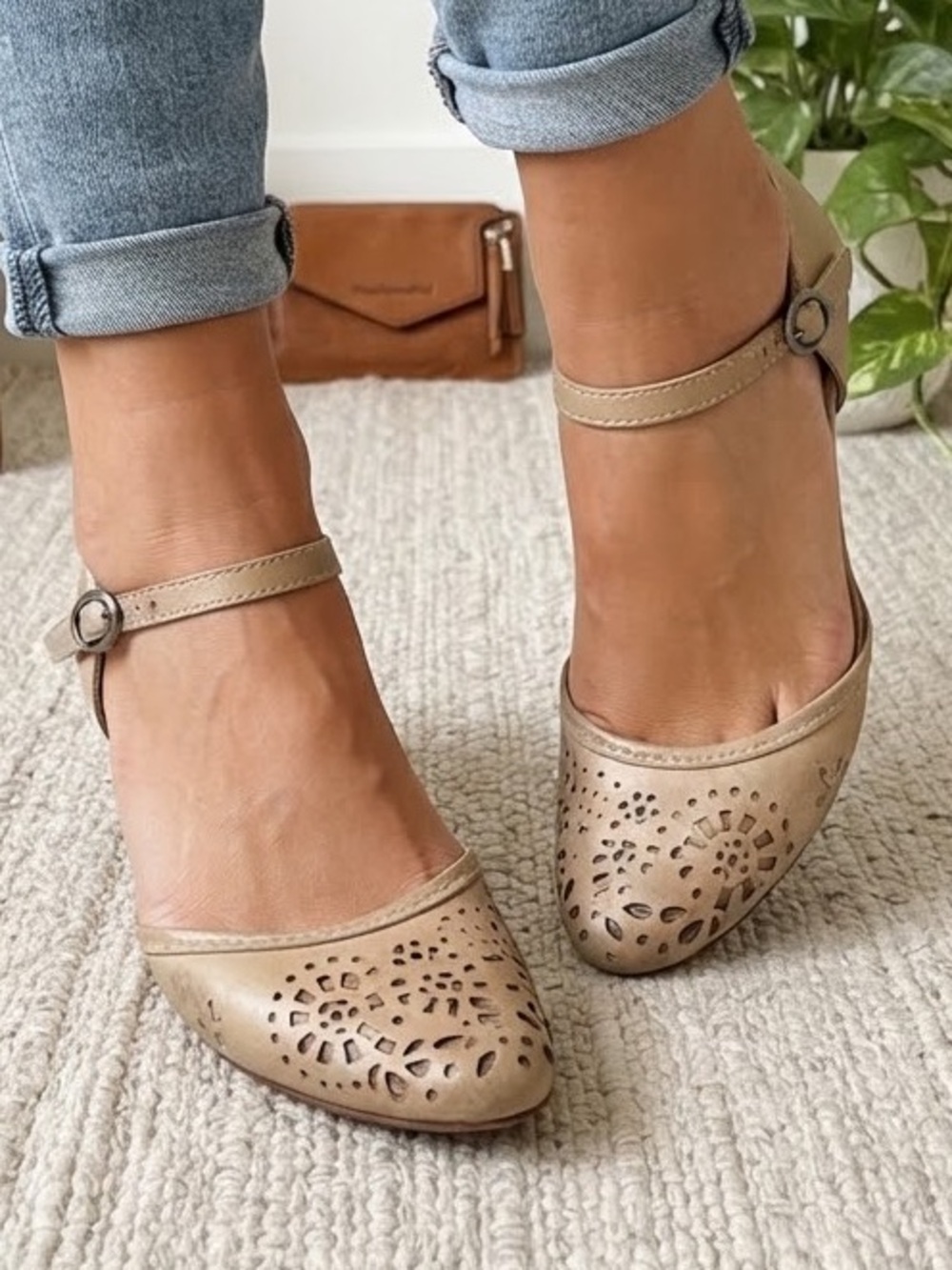 Pikolinos Tan Leather Perforated Mary Jane Low Heels US 9 / EU 40 Granola Boho